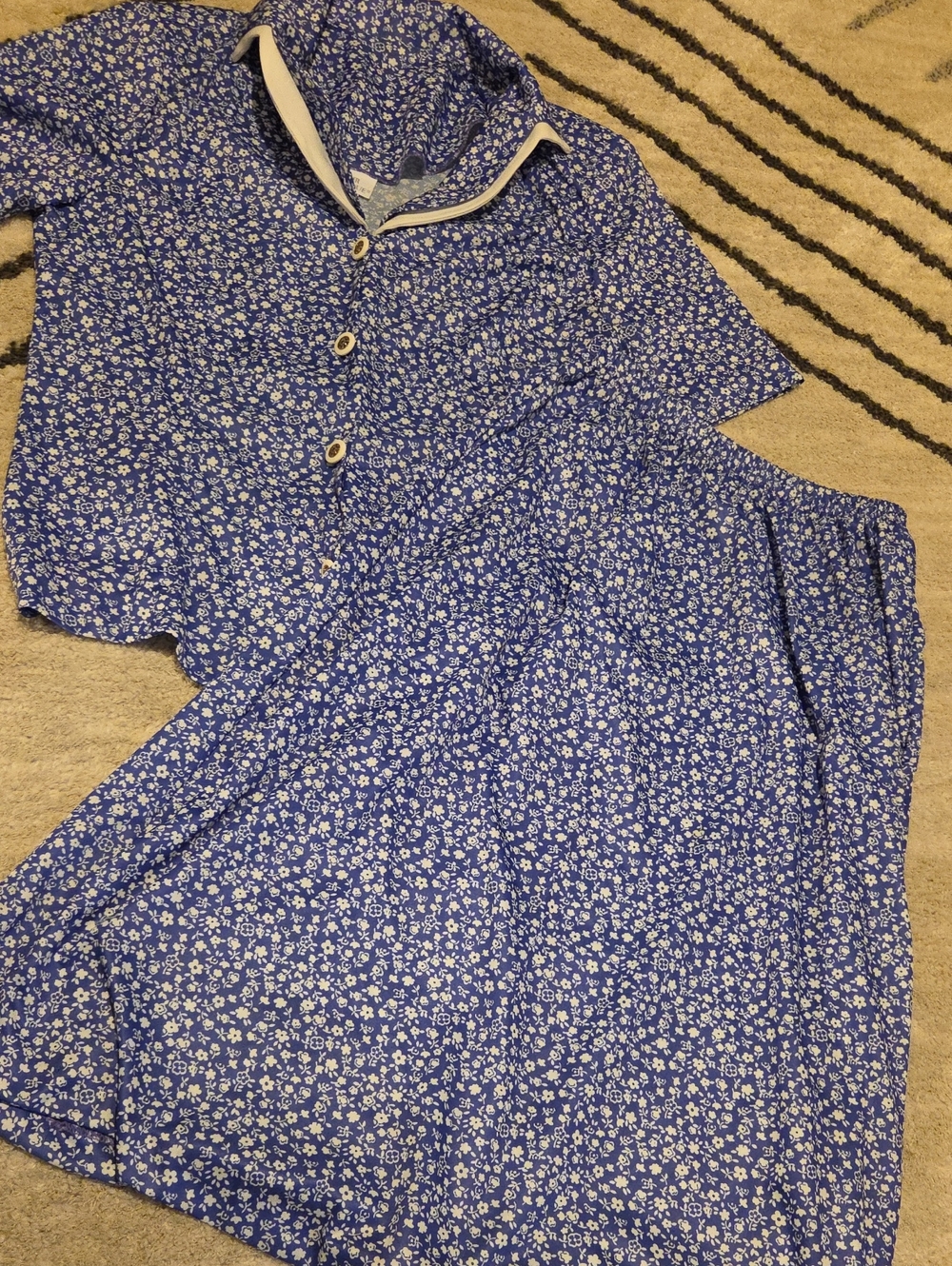 Blue Floral Two-Piece Skirt Set with Button Front Top